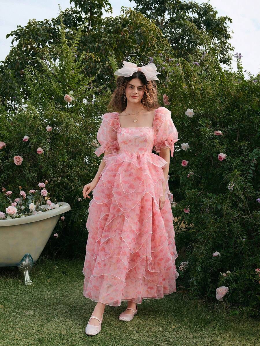 女性用マッシュルーム フローラル リボンマキシワンピースバレンタインデー服夏休み春夏ブランチバレンタインデービーチウェアバレンタインデーの服クルーズウェア