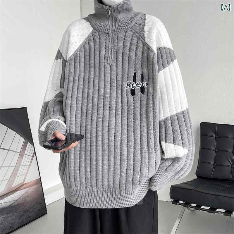 セーター メンズ ニット トップス 秋冬 ハーフジップ コントラストカラー タートルネック 大きめサイズ グレー ゴールド ブラウン 6,413円