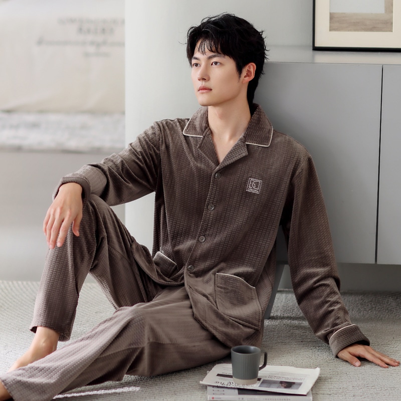 秋冬男性用アイランドベルベットパジャマ 厚みのあるベルベット長袖暖かいコーラルベルベットホームウェア春秋大きいサイズスーツ