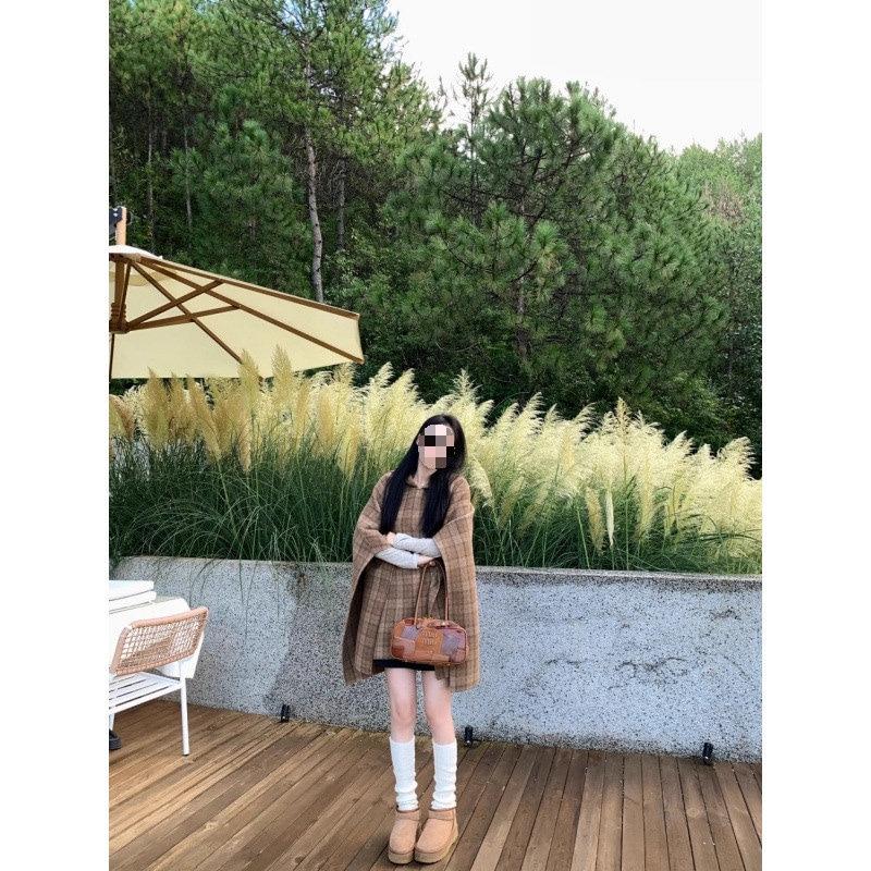 2025 新韓国レトロミッドレングスコートトレンディなヴィンテージガールズチェック柄マントフード付きコート秋と冬