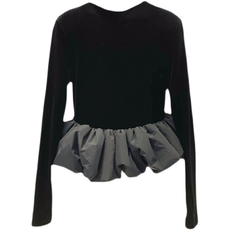 トップス カットソー ニットソー スリムフィット 長袖 無地 ラウンドネック 秋 S M L XL 通勤 ブラック 黒 レギュラー丈 フリル プルオーバー 袖あり 襟なし スリム 細身 かわいい