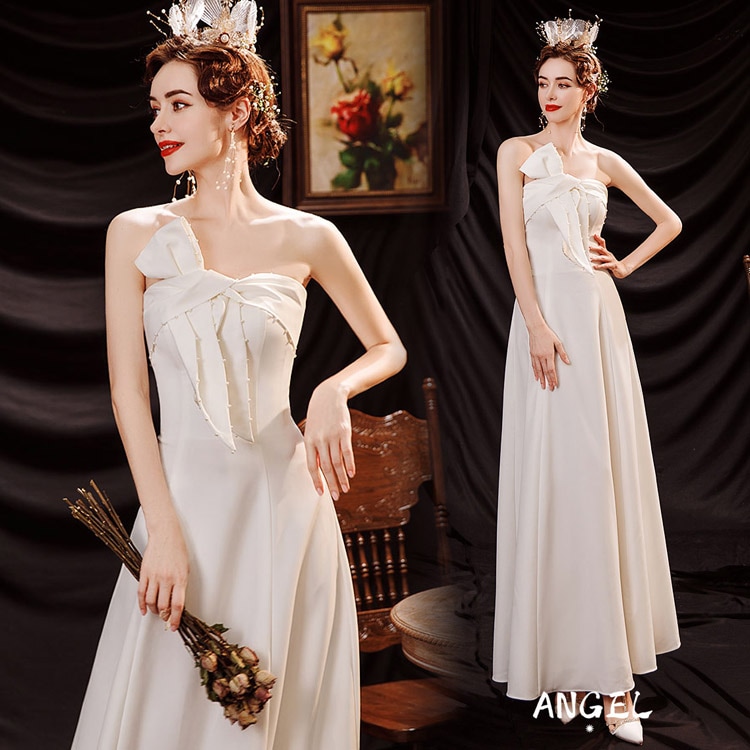 送料無料 イブニングドレス 白 サテンドレス ウェディングドレス 二次会ドレス 結婚式 ビスチェドレス リボン パール オシャレ エレガント 優雅 ホワイトドレス ノースリーブ 発表会ドレス ロング