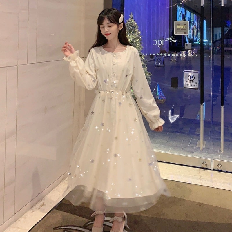 星柄 ワンピース ブラウス シャツワンピース ワンピドレス ミモレ ミモレ丈 半端丈 長袖 萌袖 ラウンドネック フレア ペプラム 切り替えデザイン ギャザー 刺繍 シフォン 透け感 シースルー