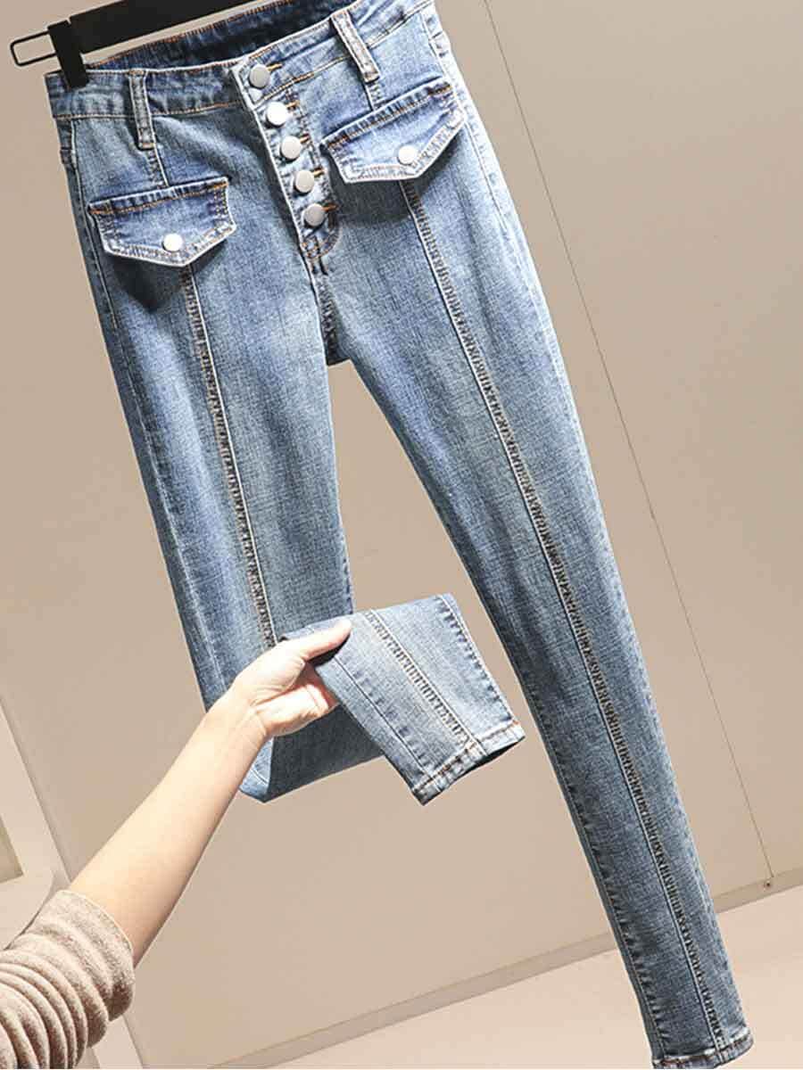 レトロ風 ボトムス パンツ Gパン ズボン デニムパンツ スキニーパンツ ロング ロング丈 スリム タイト 細身 ハイウエスト ボタン デニム かわいい 大人可愛い シンプル カジュアル おしゃれ