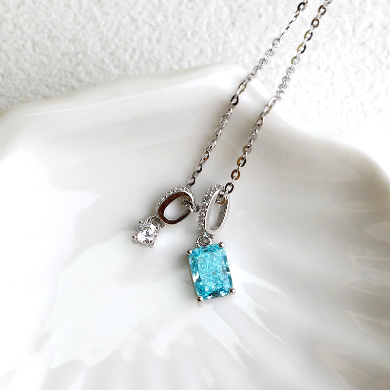 【S925】アイスカットCZ ターコイズブルー ネックレス / プラチナ仕上げ / 重ね付け風