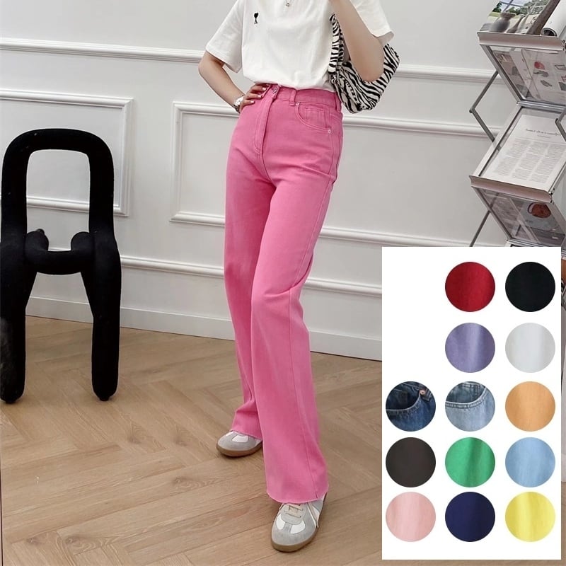 14カラー ボトムス レディース パンツ ロング ストレート カラバリ ビビット 個性的 定番 人気 デニム カラフル ピンク オレンジ レッド ブルー イエロー グリーン トレンド かわいい キュー