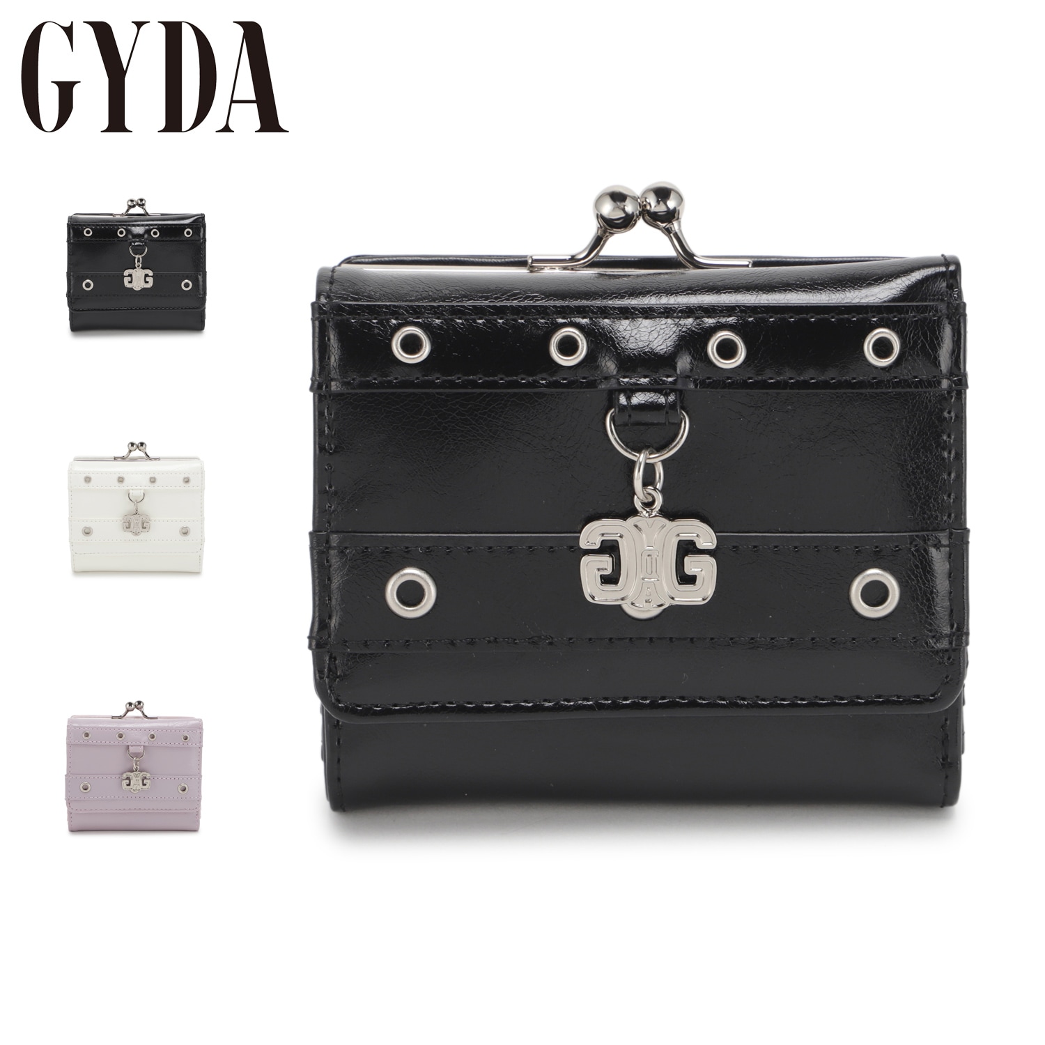 財布 三つ折り財布 ダブルベルト レディース がま口 小さめ ブラック ホワイト パープル 黒 白 GY-W432