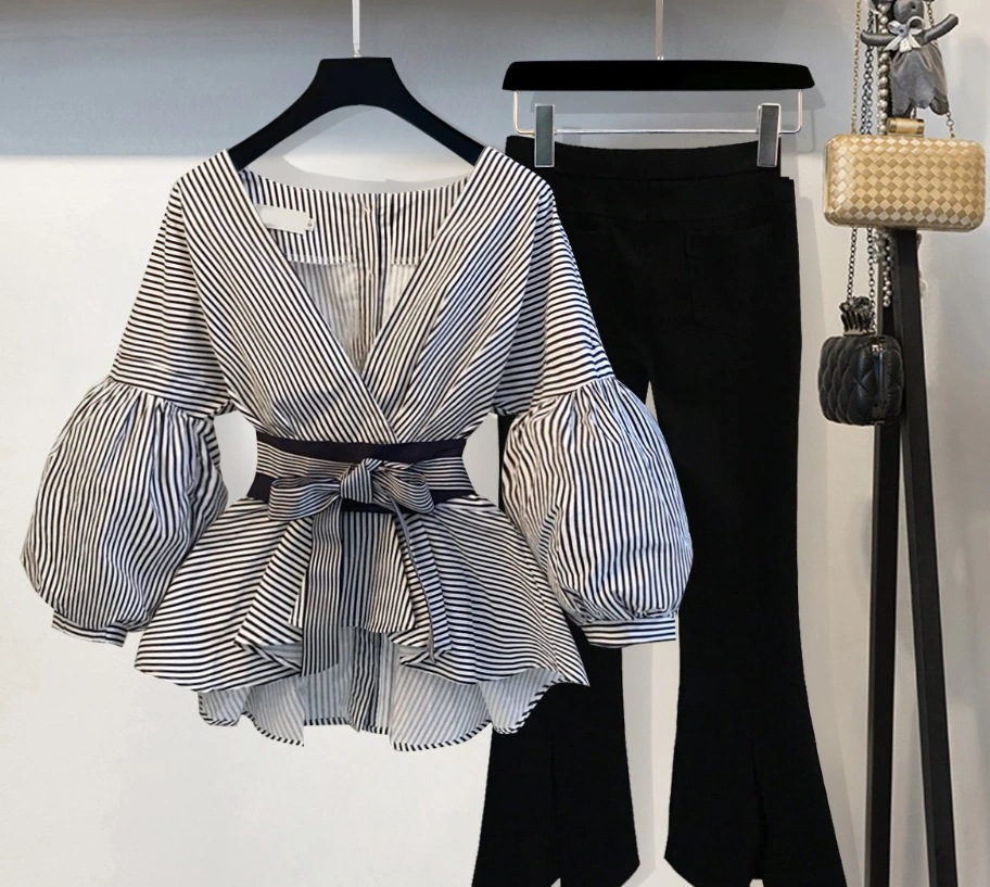トップス ボトムス パンツ シャツ ブラウス ズボン ロング ロング丈 袖あり 長袖 ボリューム袖 Vネック 襟なし ペプラム リボン ウエストマーク ウエストリボン スリット ハイウエスト 薄手