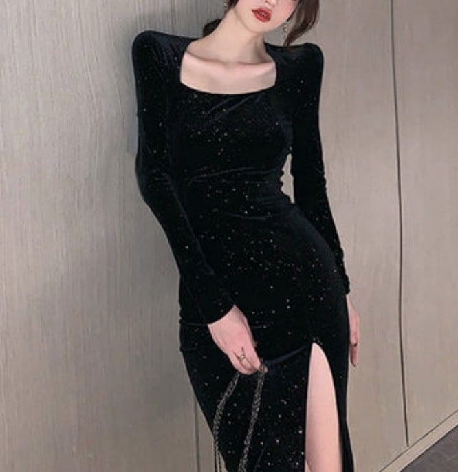 ワンピース タイト ミニ 膝丈 スクエアネック 長袖 サイドスリット 細身 ストレート ベロア ラメ 大人可愛い きれいめ 上品 おしゃれ 春 夏 二次会 デート レストラン XL ブラック
