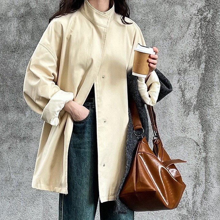 ジャケット ブルゾン アウター 上着 レディース ウィンドブレーカー ミディアム モッズコート 長袖 ボリューム袖 ドロップショルダー スタンドカラー ワイド ストレート オーバーサイズ ポケット