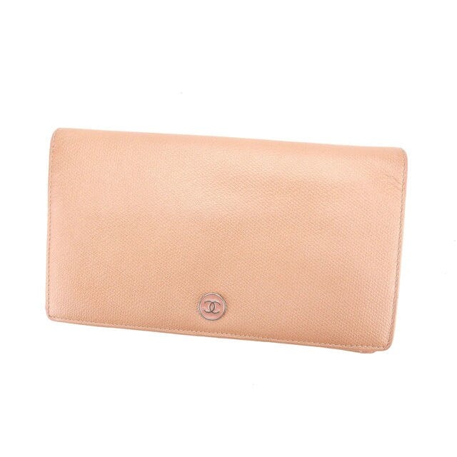 長財布 ファスナー 二つ折り ココボタン メタリックピンク シルバー 中古