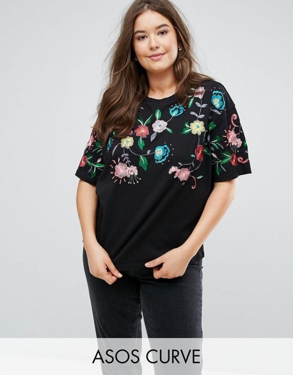 ASOS エイソス レディース 大きめサイズ ゆったりサイズ 送料無料 Multi CURVE T-Shirt with Bright Floral Embroidery