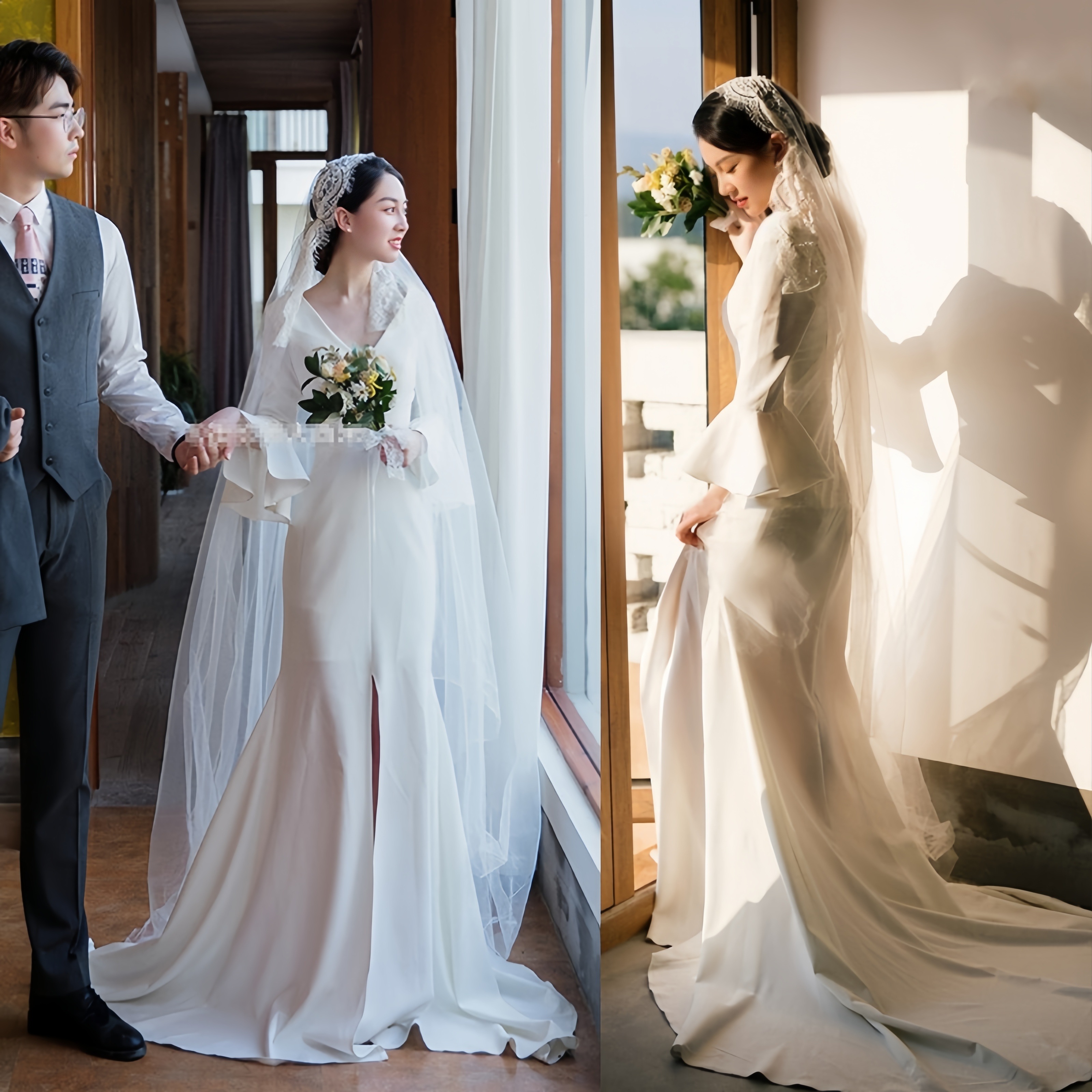 フレンチドレス パーティードレス ウェディングドレス 二次会 結婚式ドレス タキシード シンプル 袖つき Vネック 長袖 安い 花嫁 フォトウエディング ビーチフォト 9,499円