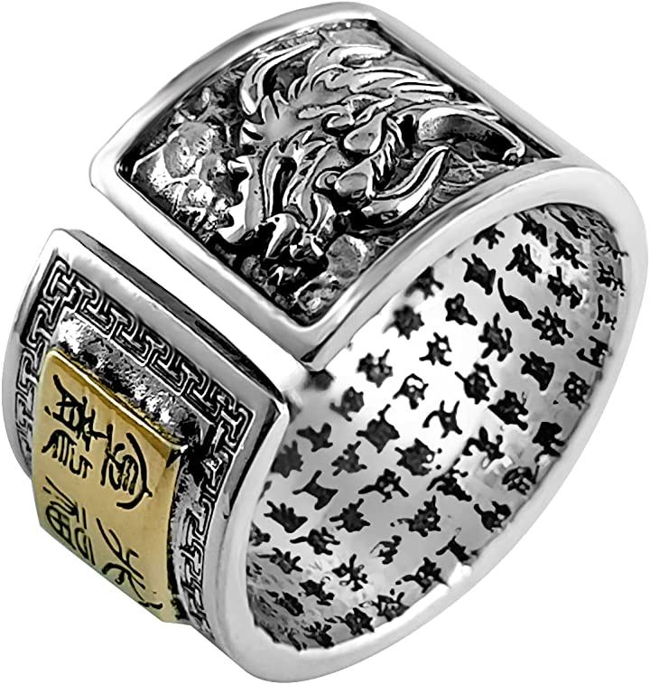 お守り指輪 調節可能 龍 般若心経 999シルバーアクセサリー ユニセックス幅1.2cm (B)
