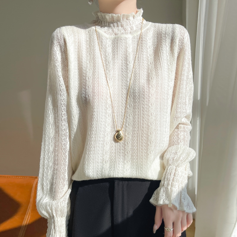 トップス ブラウス 長袖 ハイネック フリル 刺繡 透け感 プルオーバー ミディアム丈 かわいい 大人可愛い きれいめ シンプル 上品 おしゃれ かっこいい カジュアル こなれ感 個性的 主役級