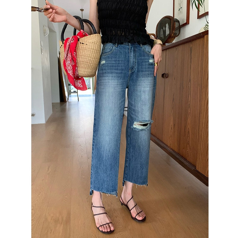 長いxierコットン低穀物体重レディースストリートスタイルのカジュアルパンツ洗浄されたミッドアットハイウェイトナインクロスジーンズ