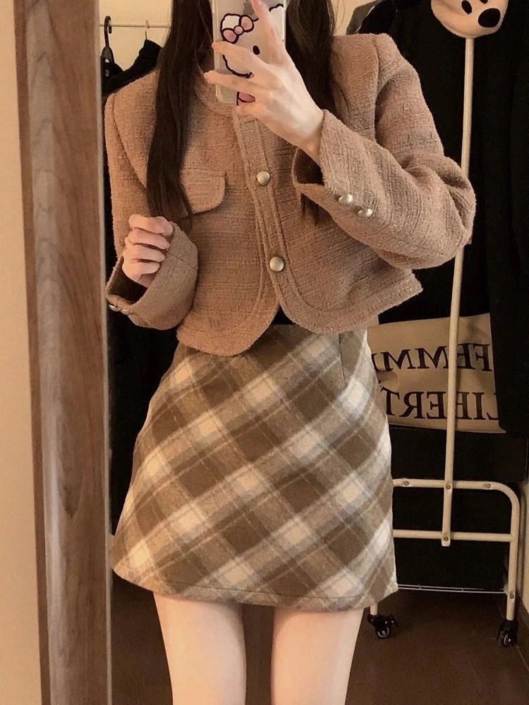 レトロなチェックのファースカート 女 秋 韓国版 2024秋冬 ハイウエストで痩せ見え ガス中毒 A字ヒップスカート