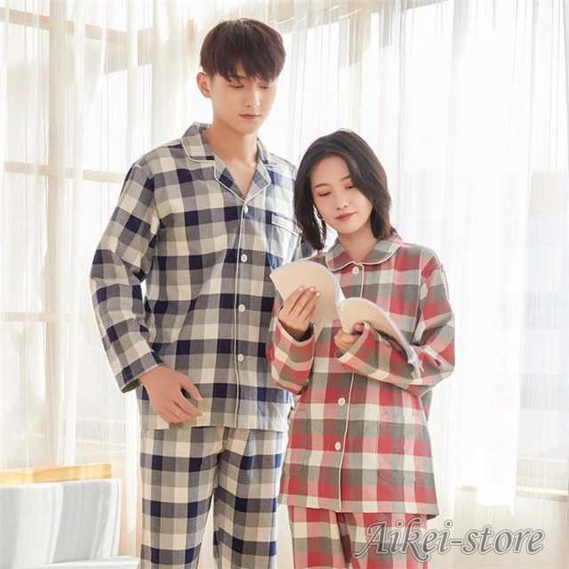 【2枚購入で100円OFF】2点パジャマ カップルペアルック ルームウェア 秋冬 ペアパジャマ長袖　チェック柄 パジャマペアルックお揃いレディースメンズ ネグリジ