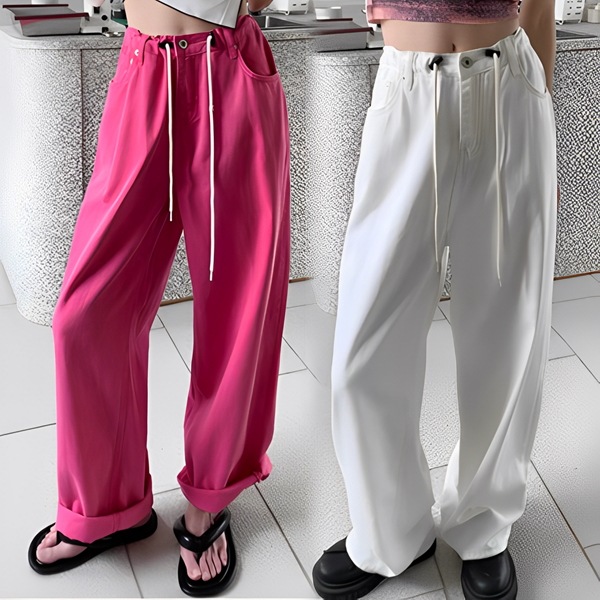２色展開 ストレートワイドレッグ巾着ジーンズ 春 夏 ハイウエスト ルーズ 痩身 フロアモップ カジュアルパンツ レディース パンツ ボトムス Gパン ロングパンツ ワークパンツ ワイドパンツ