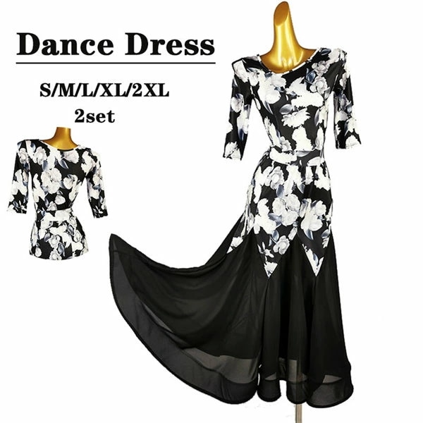新品 ダンス衣装 社交ダンス ドレス 衣装 ダンスドレス ラウンドネック セパレート セットアップ 長袖 袖あり 透け感 柄あり ロング丈 スタンダード（モダン）ドレス ワルツ タンゴ モダン 競技ダ