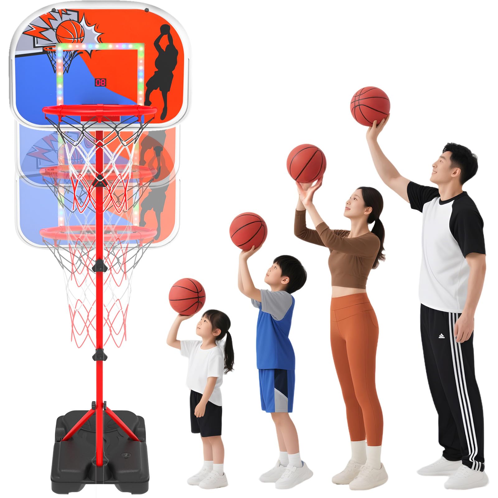 バスケットゴール EagleStone バスケットボール おもちゃ 高さ調節可能 ボール4個 LEDライト付き 自動採点 効果音 組み立て式 多場面使用 室内 屋外兼用 安定三角構造設計 耐久性 スト