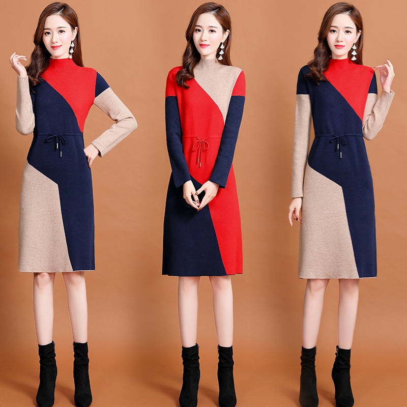 ニットセーターワンピース女性年新型春秋高襟中長タイプファッション色合わせスカートブーム