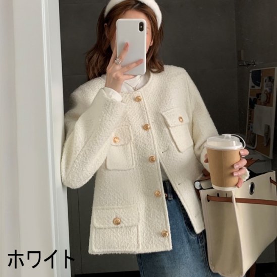 【取寄：納期2週間】ジャケット レディースジャケット ノーカラージャケット ショートジャケット ツイードジャケット ジャケット秋冬 冬新作 ツイード カジュアル 通勤 オフィス エレガント 金ボタン