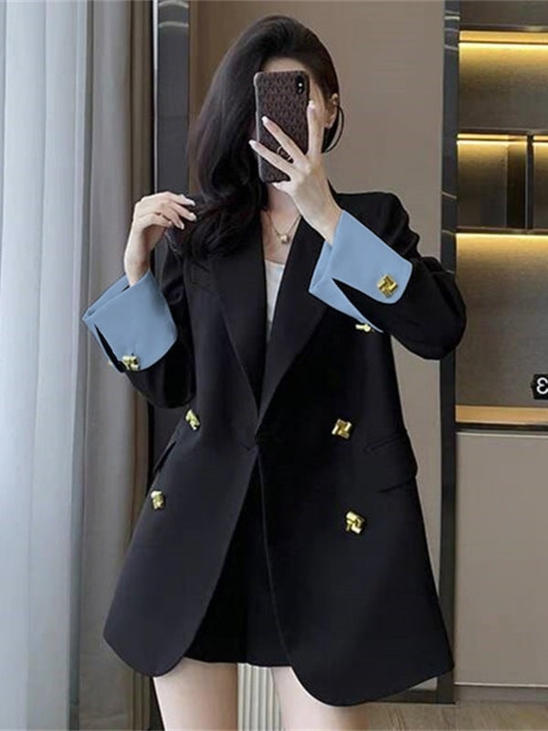 2025 年春秋新作 女性用韓国風スーツジャケット：カジュアルルーズ仕様ファッショナブル＆上品な雰囲気 カラーブロックパッチワークデザイン