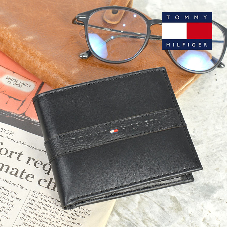 二つ折り財布 トミー ヒルフィガー メンズ 本革 カード入れ 小銭入れ 牛革 レザー 化粧箱入り お札入れ プレゼント おしゃれ ブラック