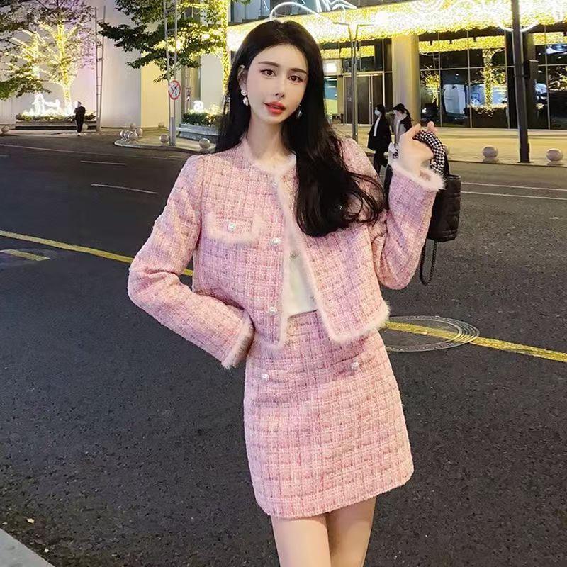 ハイエンドのカスタマイズ-綿の香り小さな香りスタイルの女性用ファッションスーツ新しい秋冬の厚みのあるショートジャケット+スカートの2点セット