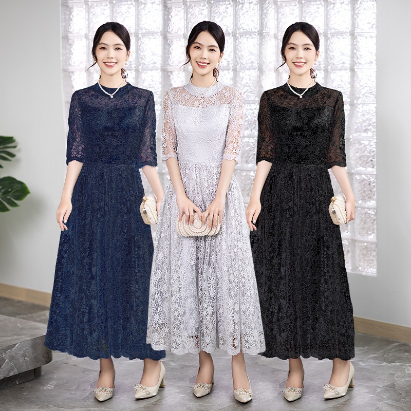 ドレス ロングドレス パーティードレス 結婚式 韓国風 ロング 丸襟 フォーマルドレス レースワンピース お呼ばれ 二次会 披露宴 謝恩会 上品 着痩せ