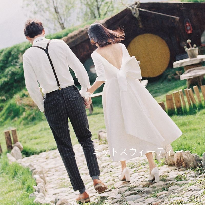 ウェディングドレス 背中開き リボン パーティードレス Aラインドレス 上品 エレガント 結婚式 披露宴 二次会 前撮り パーティー 花嫁 ブライダル おしゃれ