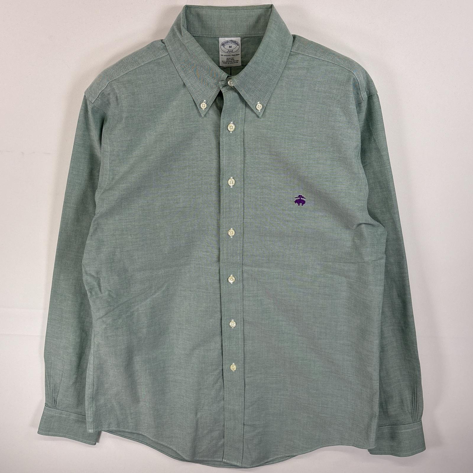 古着 長袖シャツ ワンポイント ロゴ 刺繍 オックスフォードシャツ 厚手 M グリーン系 無地 メンズ