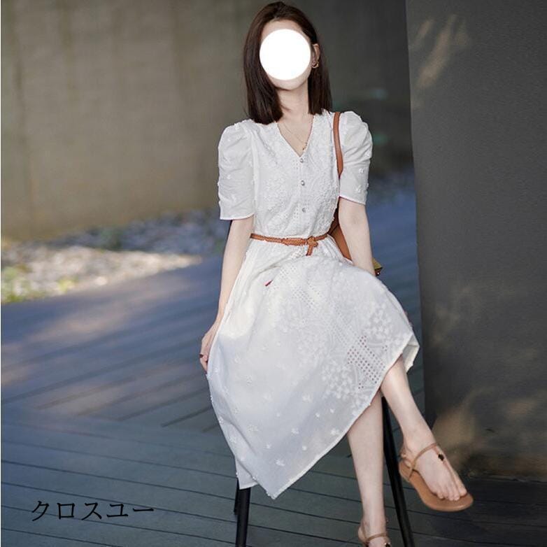 ワンピース レディース 夏 半袖 レース刺繍 ロングワンピース マキシワンピース きれいめ 白 ロング丈 カジュアル おしゃれ Aライン