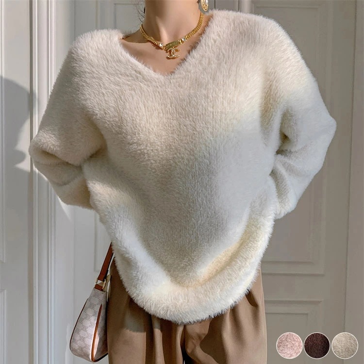 セーター レディース ニット トップス きれいめ シャギー 冬 秋冬 秋 冬 Vネック 白 ブラウン ピンク 大人 おしゃれ カラー 厚手 もこもこ