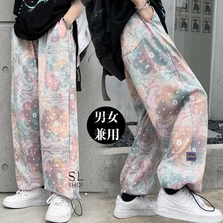 パンツ レディース メンズ ワイドパンツ 柄物 ドローストリング ウエストゴム ズボン おしゃれ 男