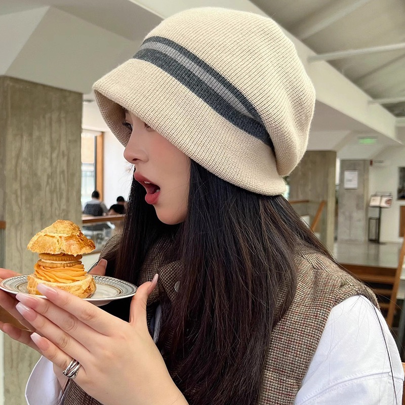 デザイナーストライプステッチコントラストカラー大きい頭囲ニット帽女性用冬暖かいウール帽子耳保護プルオーバーハット
