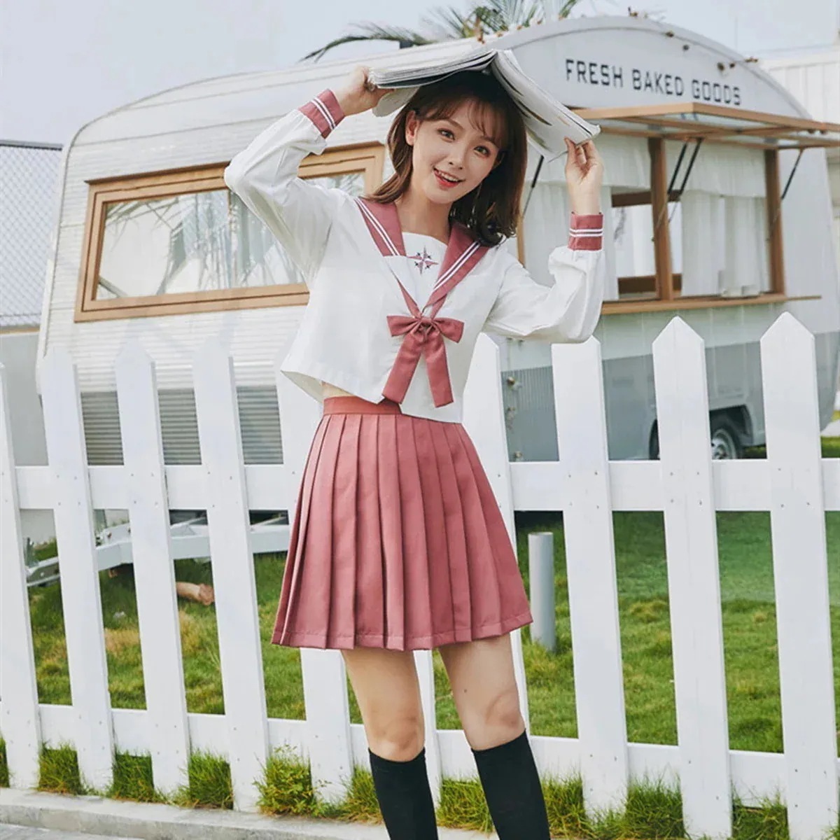 【高品質の製品】JKキュート海軍風コスーラー服長袖セーラースーツ男コスプレ仮装制服ブレザー コスム スカート ロリータ学生服プリーツミニスカート 学院風大人用ペア コス 蝶ネクタイ刺繡 あんこピンク色