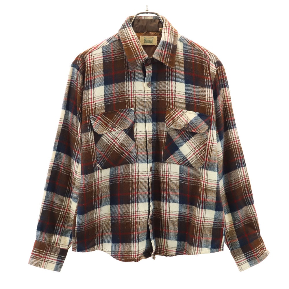 70s 80s 韓国製 アクリル ヴィンテージ チェック柄 長袖 フランネル シャツ M ブラウン メンズ長袖シャツ