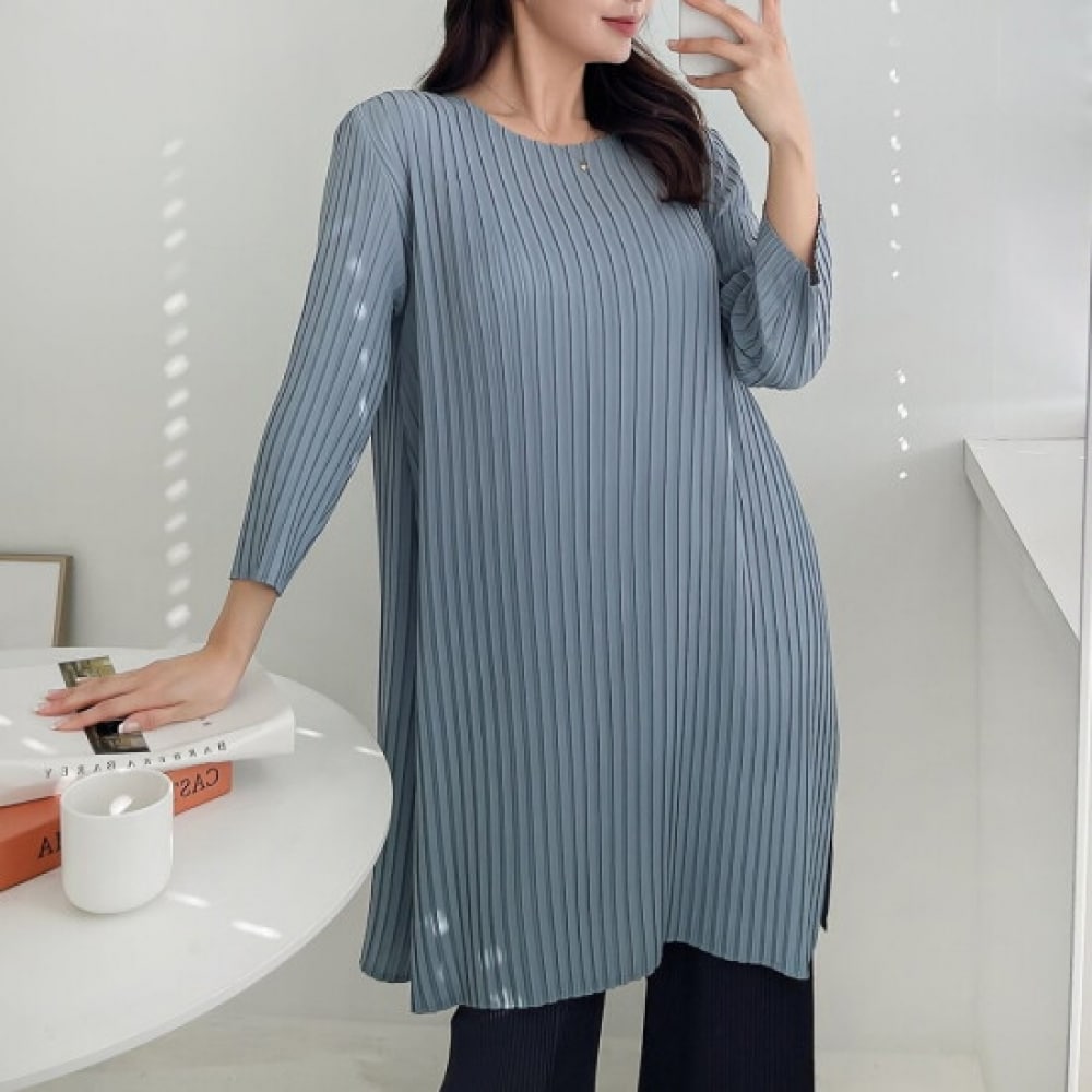 ショップアン レディース ルーズフィット サイドスリット 8部袖 プリーツ ロングTシャツ BLE-WSH-2943-インディピンク