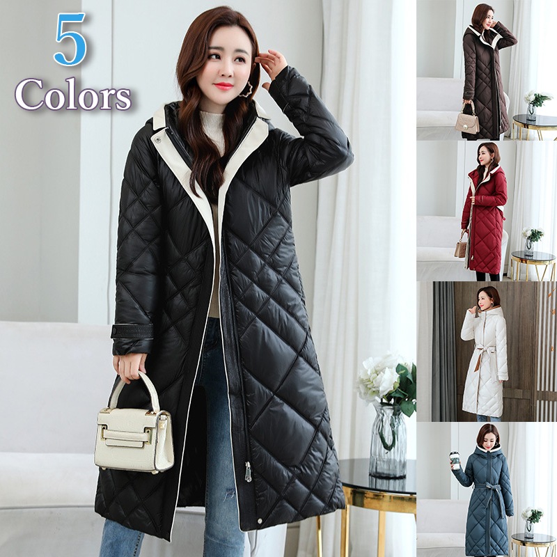 ロングエコキルトダウンコート 5Color Aラインコート ウエストリボン付き