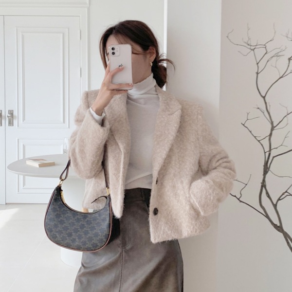 dressnalda韓国ファッション テーラード カラ モヘア ショート コート