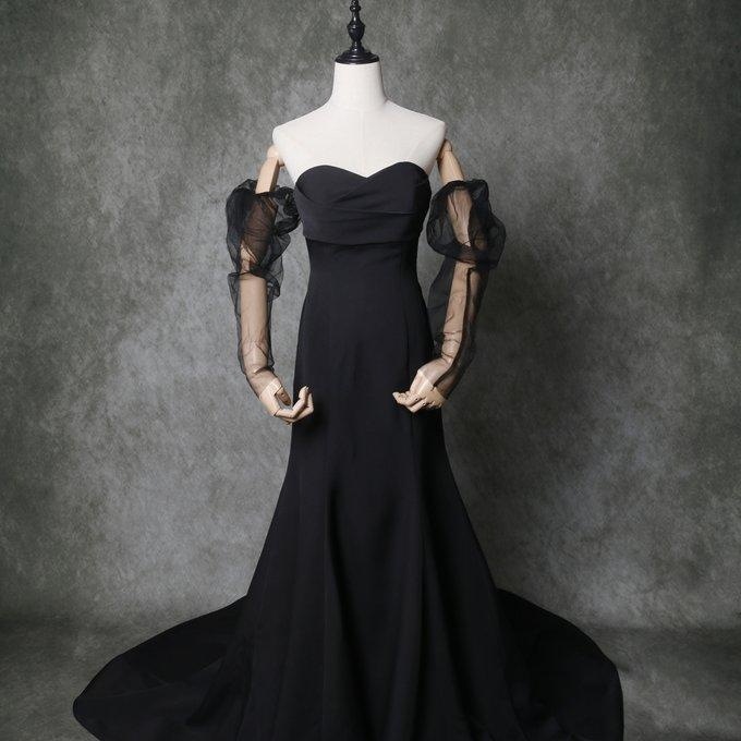 カラードレス ブラック 取り外し可能な付け袖 ソフトマーメイドライン ロングトレーン ビスチェドレス 花嫁 前撮り