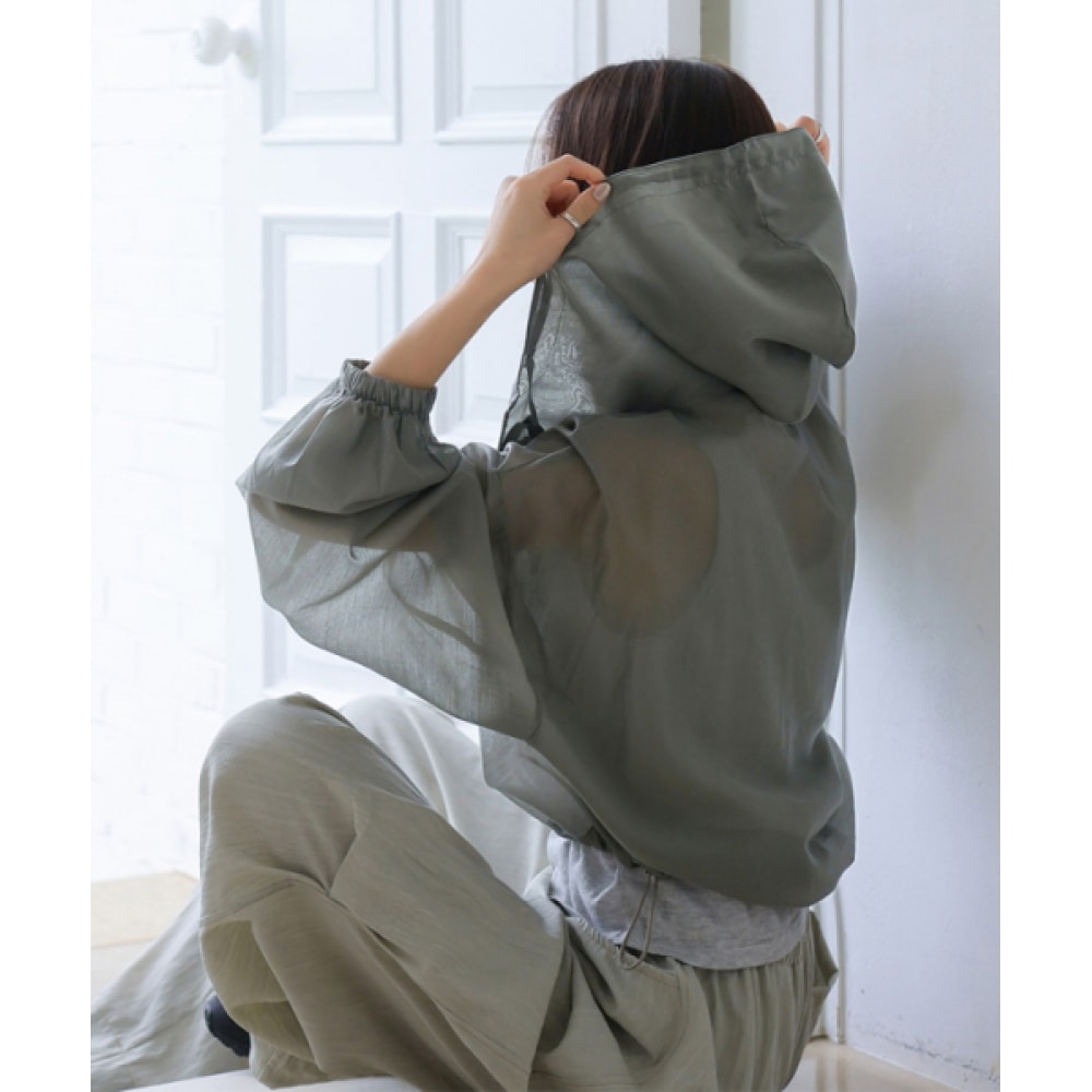 フレンチシックリットンズシースルーストリングフード付きウィンドブレーカー