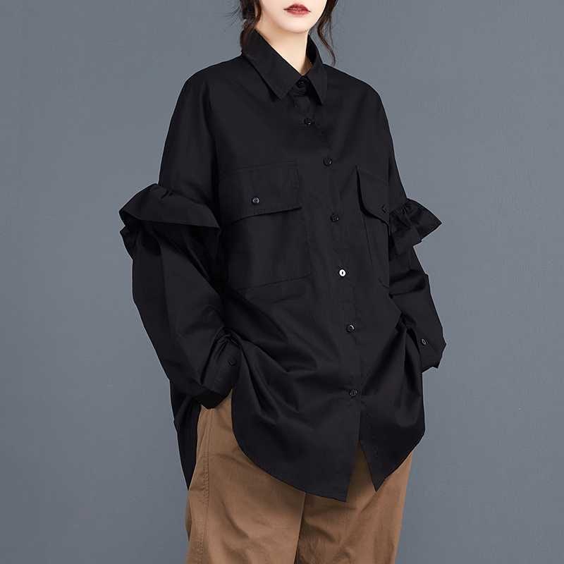 「ファットガール」 2024秋新品 ロングブラウス フリル飾り 大きいポケット 体型カバー 大きいサイズ レディース シャツ メガ割30%制限