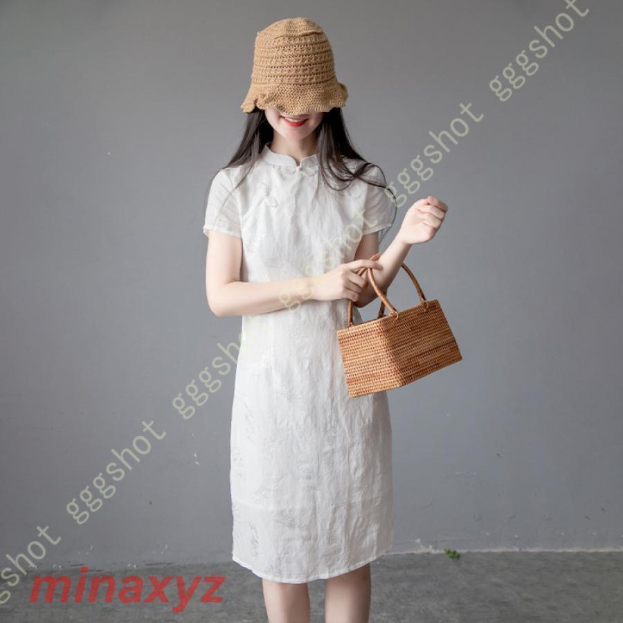 【新品】レディース チャイナ ドレス タイト ワンピース 膝丈 お洒落 可愛い 衣装 半袖 春夏秋 ロングワンピース 綿麻 リネン チャイナボタン チャイナドレス