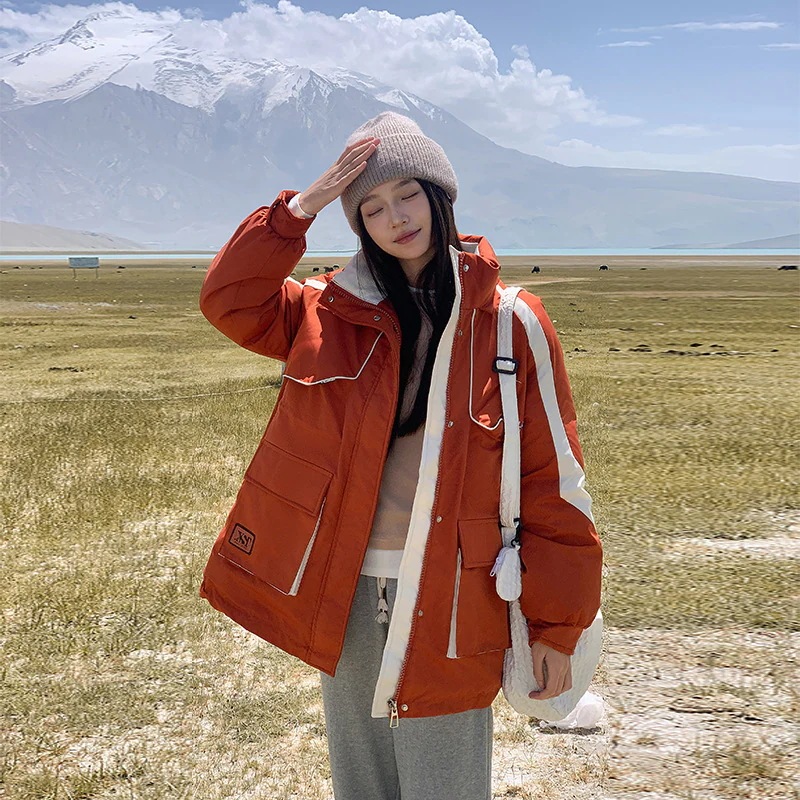 工装ダウン綿服女性冬2024新学院風衝突色ファッション保温綿服厚い綿入れコート