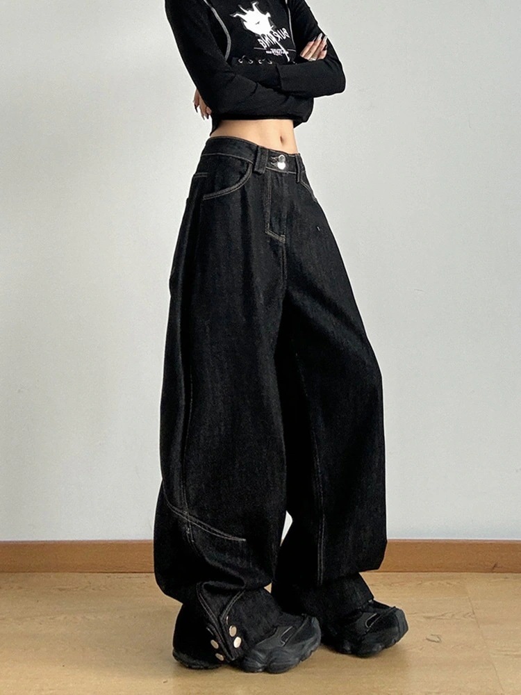 2025春夏デニムパンツ 裾ボタン ボトムス ジーンズ ハイウエスト デニム ワイドパンツ ルーズ パンツ ズボン レトロ