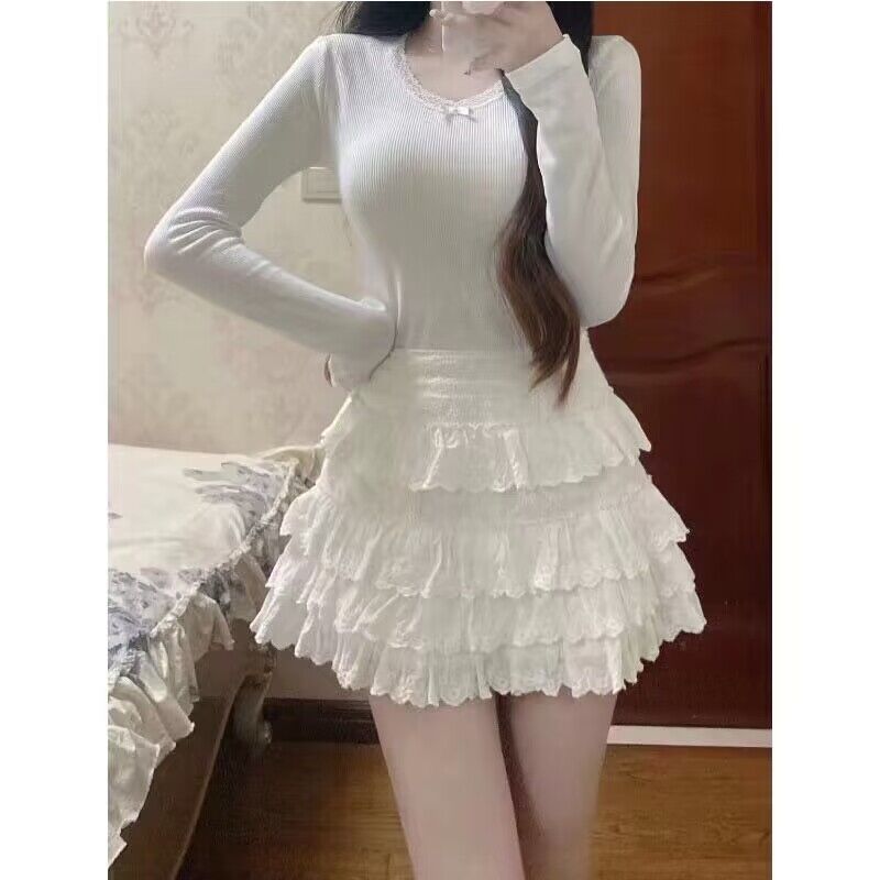 【1つ買うと10つ無料】女性用レトロホワイトレーススカートパンツ用 ラインスカート