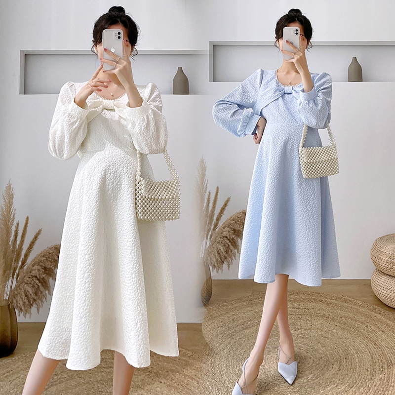 【日本未発売/送料無料】マタニティ ワンピース パール リボン パフスリーブ Aライン フレア